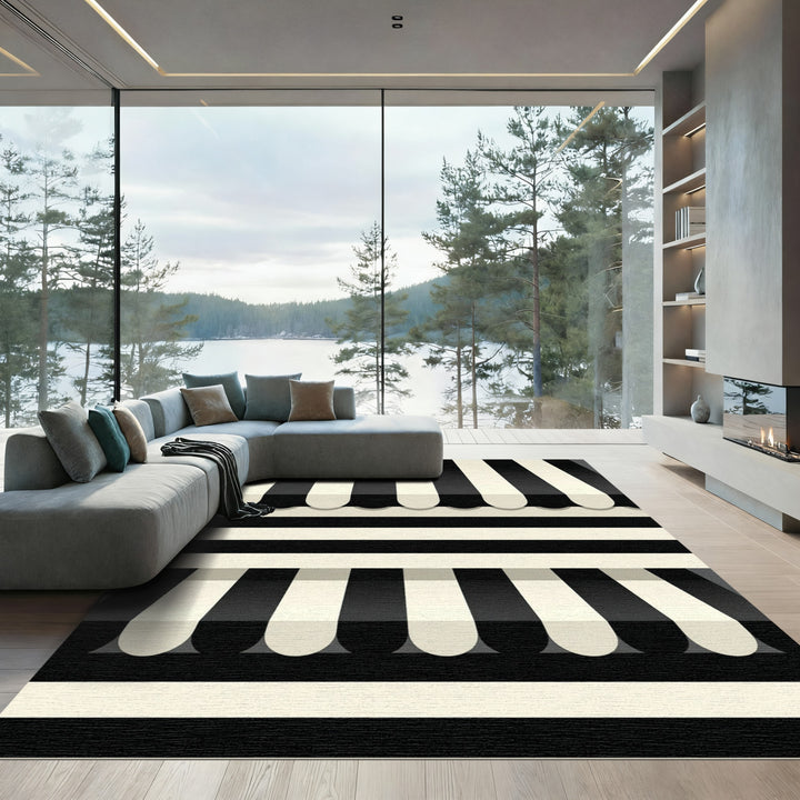 Bold Black White Striped Awning Rug