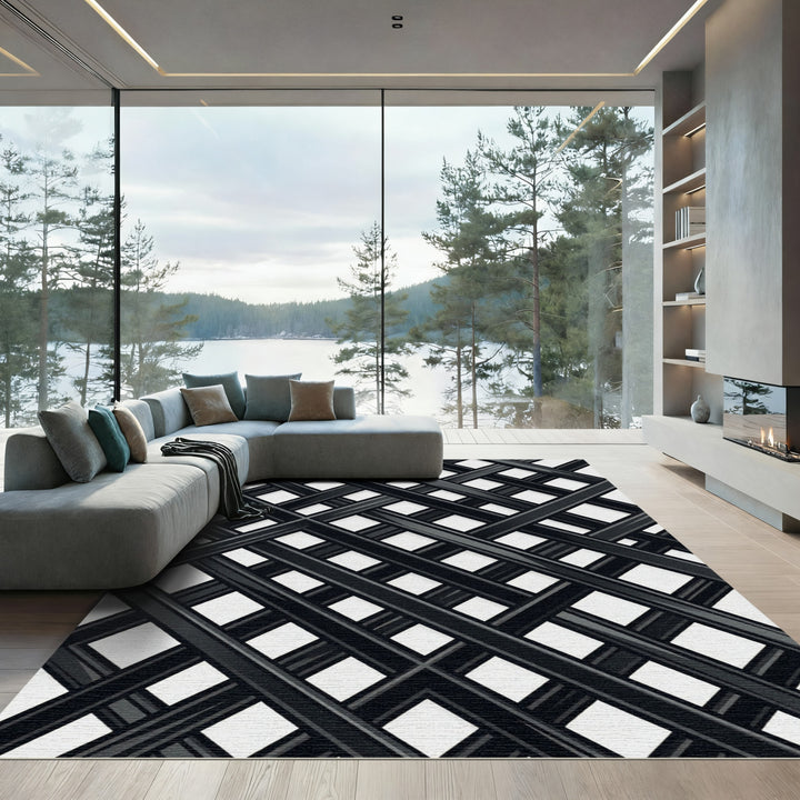 Bold Black Lattice Abstract Rug