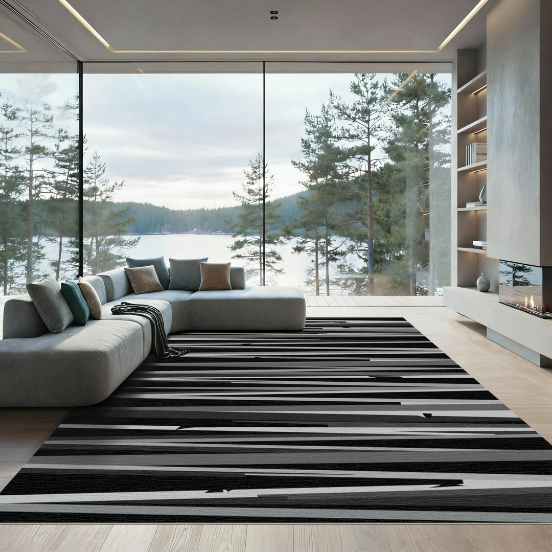 Monochrome Jagged Line Abstract Rug