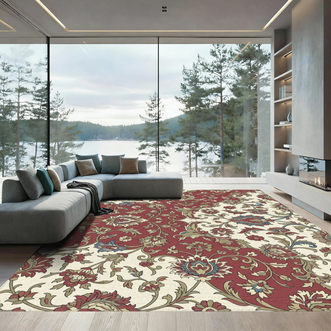 Rich Red Floral Garden Serpentine Rug
