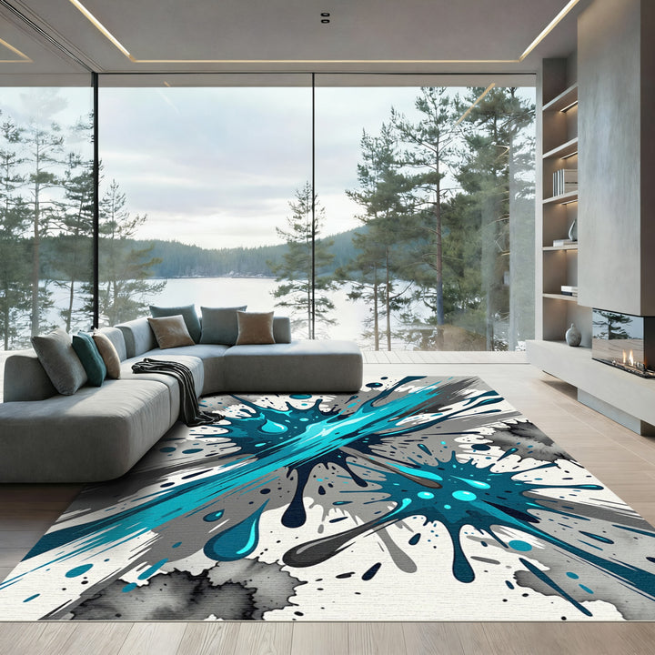 Dynamic Teal Splatter Burst Rug