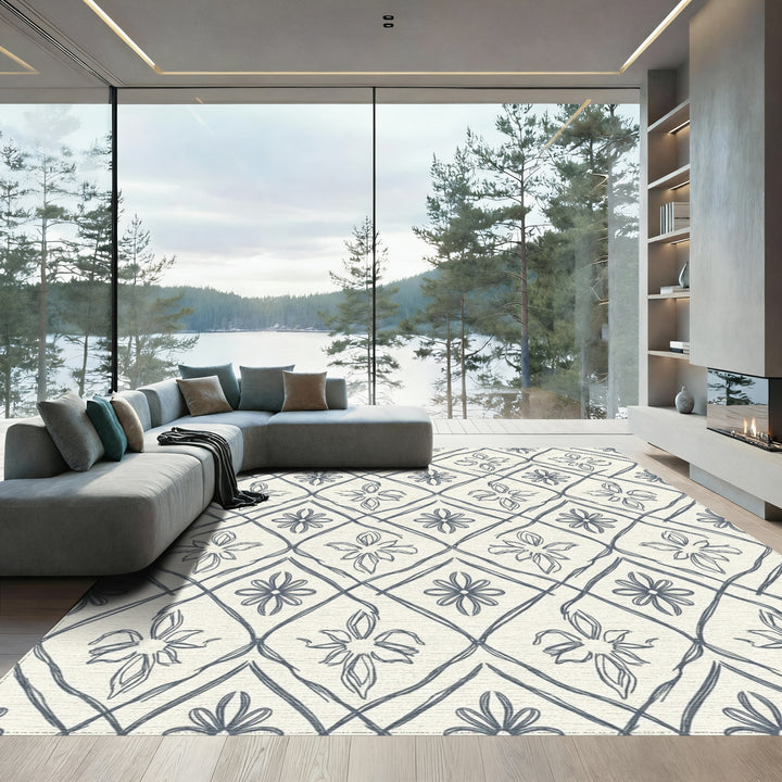 Gray Ivory Outline Floral Lattice Rug