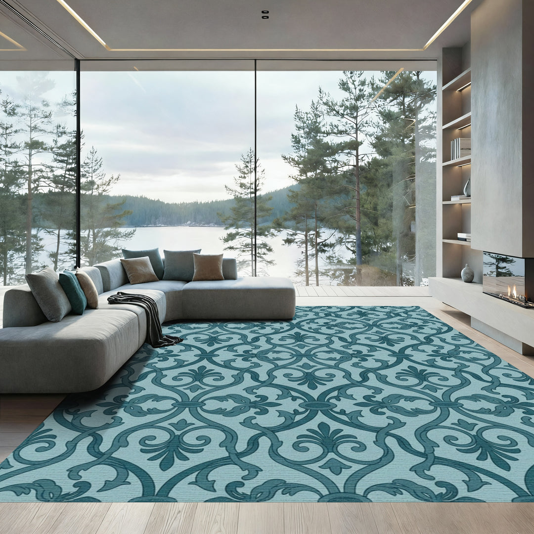 Teal and Blue Interlocking Vine Scroll Rug
