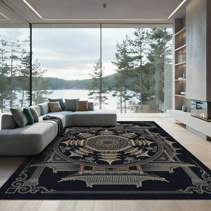 Ornamental Ancient Pagoda Mandala Rug