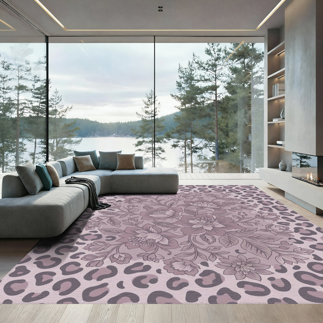 Mauve Floral Leopard Round Rug