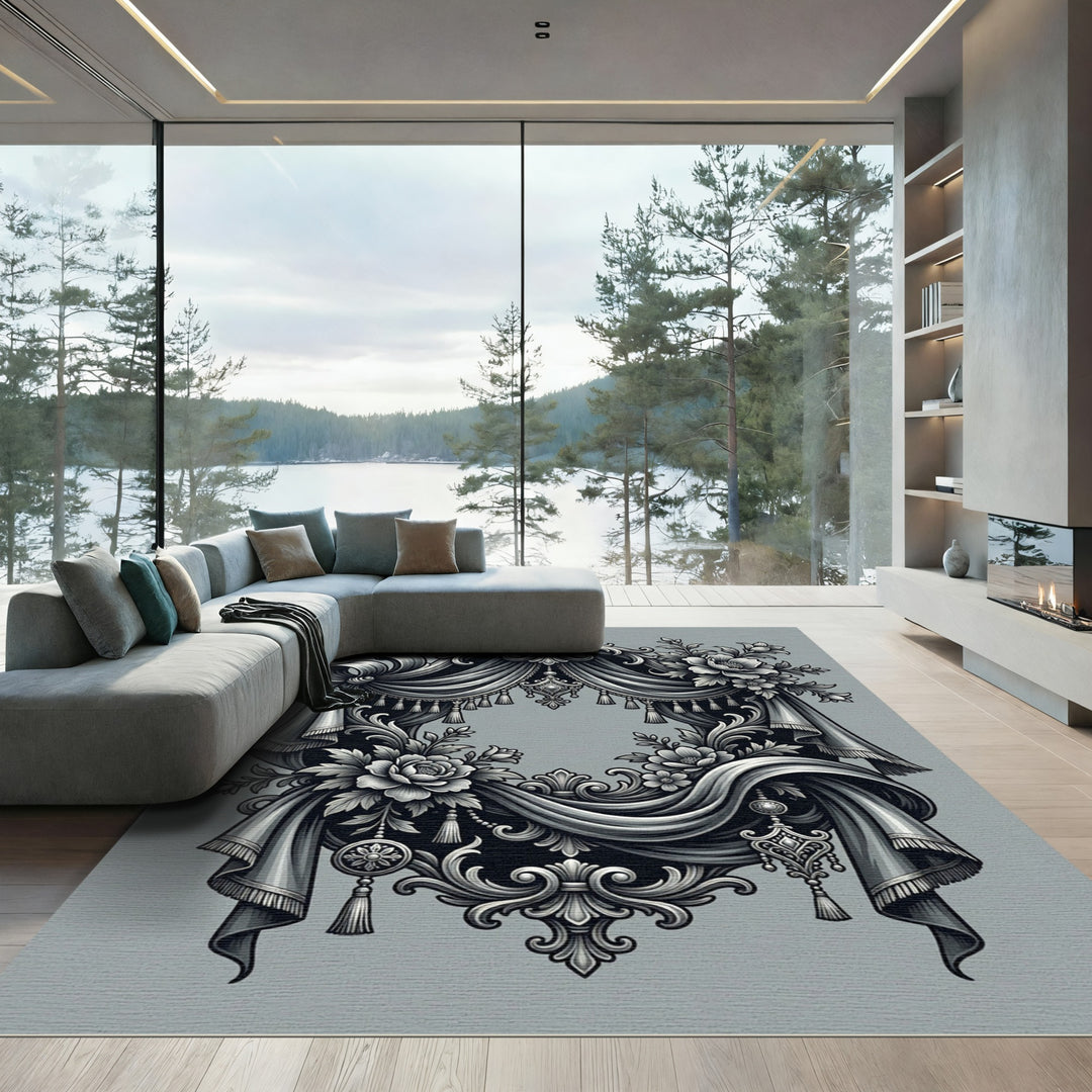 Ornate Gray Floral Drape Scroll Rug