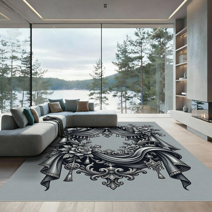 Ornate Gray Floral Drape Scroll Rug