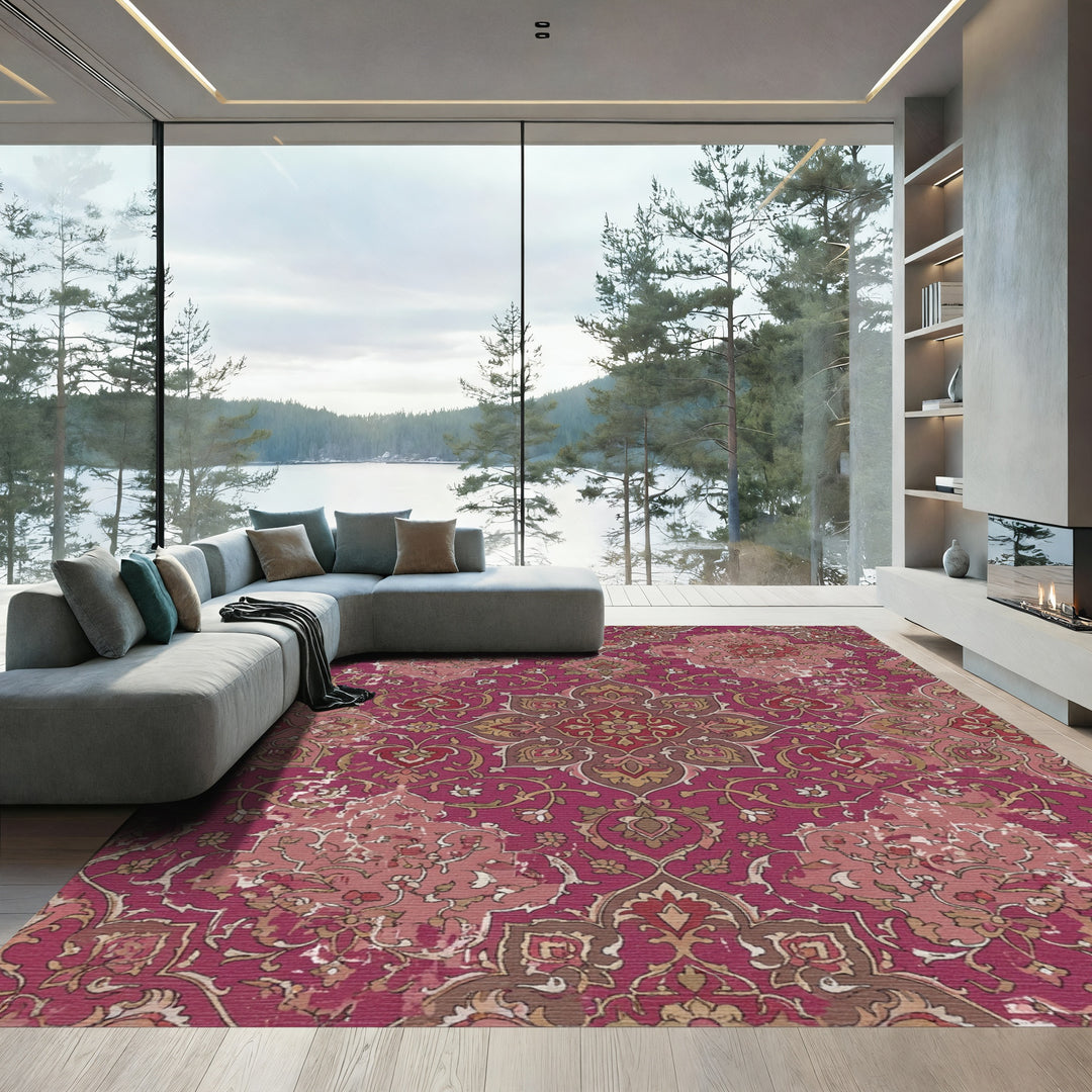 Distressed Magenta Floral Medallion Rug