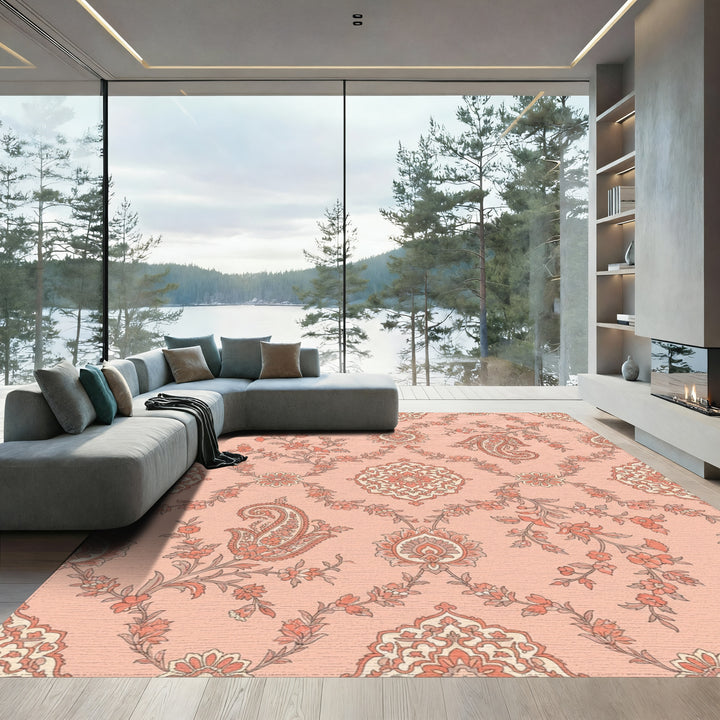 Coral Pink Paisley Garden Medallion Rug
