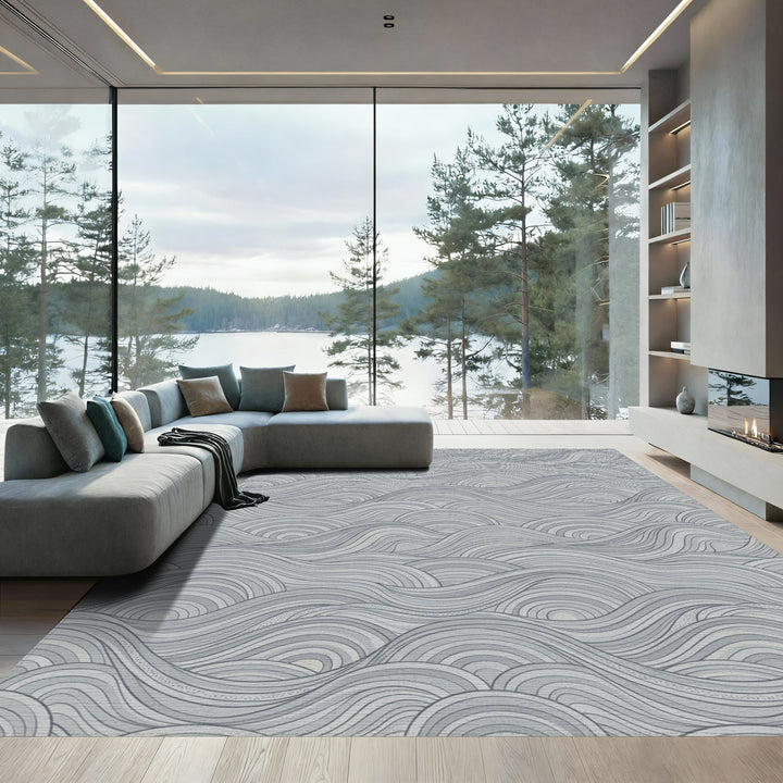 Monochromatic Cool Gray Wave Landscape Rug