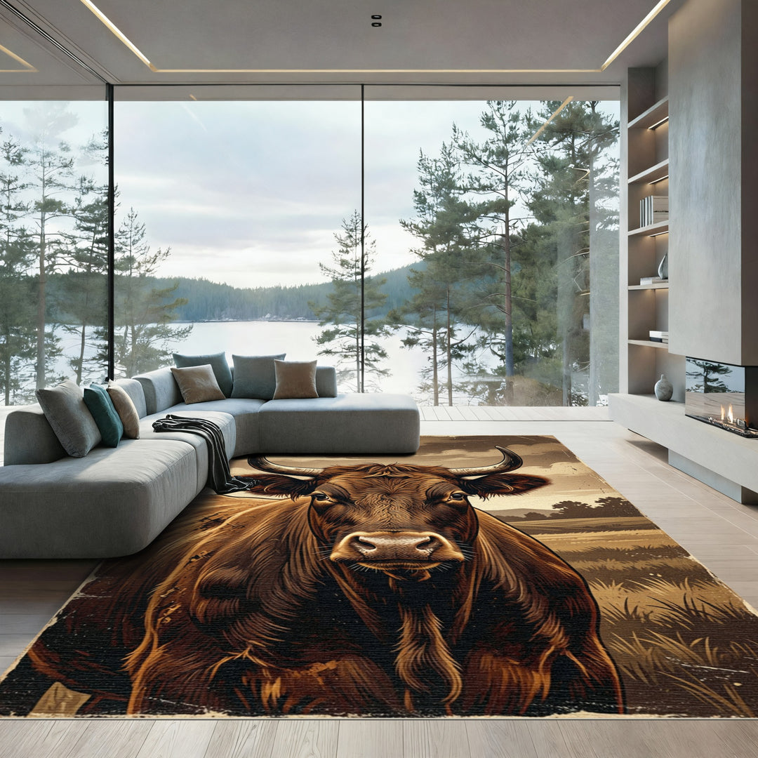 Rustic Brown Bull Farm Landscape Rug