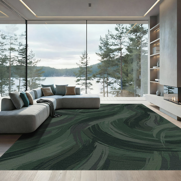 Deep Forest Green Brushstroke Swirls Rug