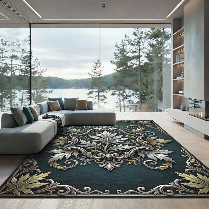Ornate Teal Acanthus Leaf Scrollwork Rug