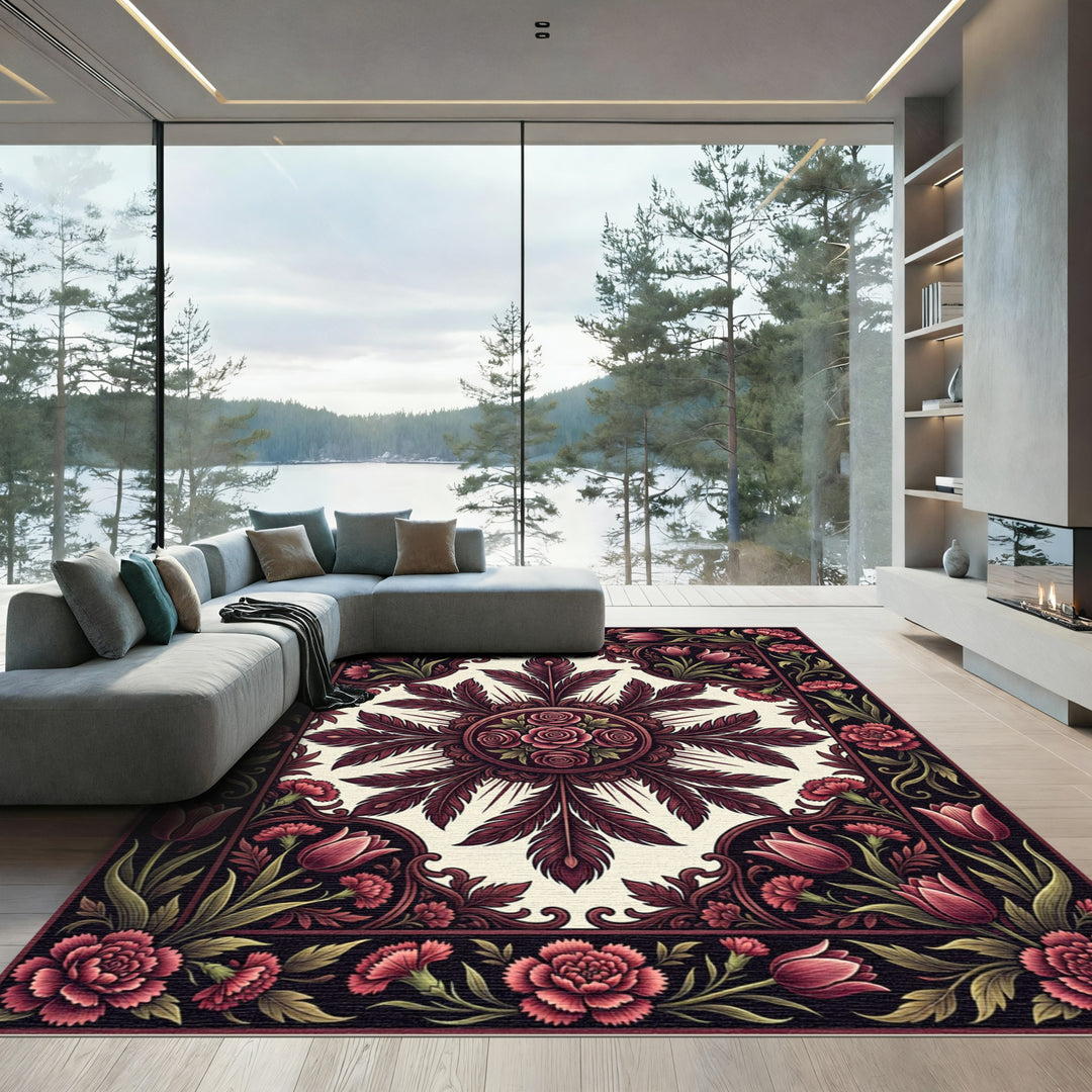 Deep Red Floral Feather Medallion Rug
