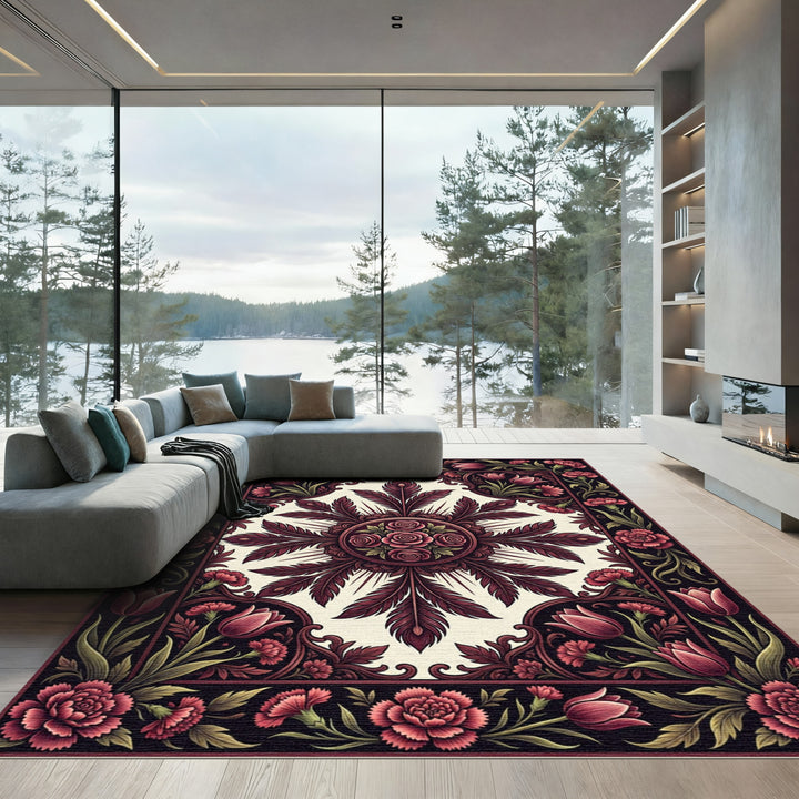Deep Red Floral Feather Medallion Rug