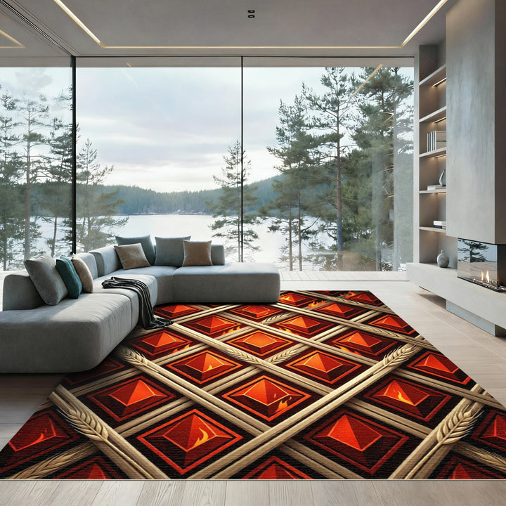 Fiery Red Diamond Lattice with Wheat Rug