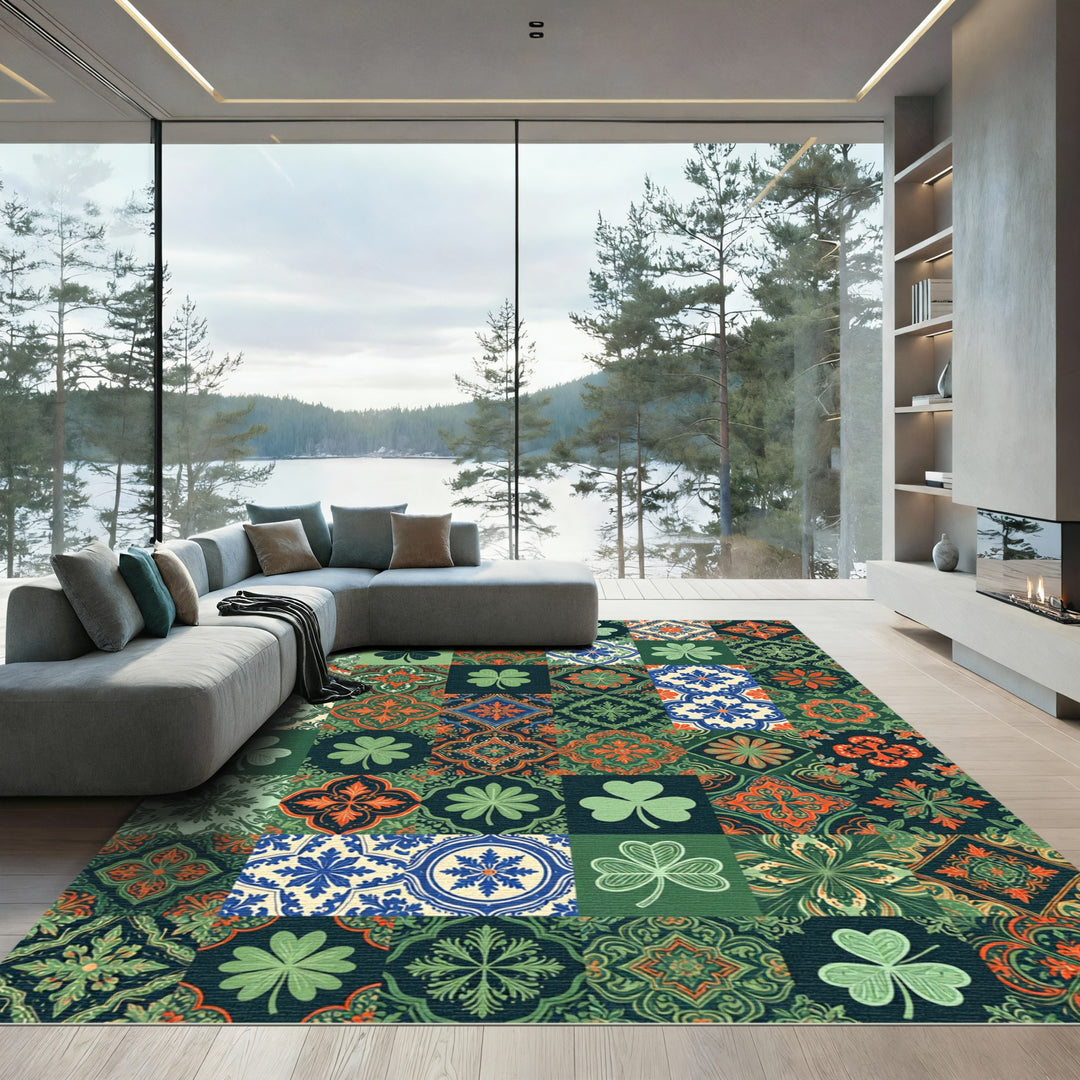 Green Clover Medallion Tile Patchwork Rug