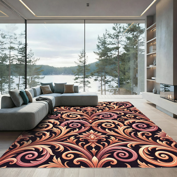 Ornate Gold and Rose Scrolling Leaves Rug