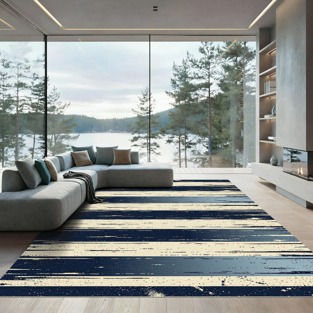 Abstract Navy Cream Distressed Stripe Rug