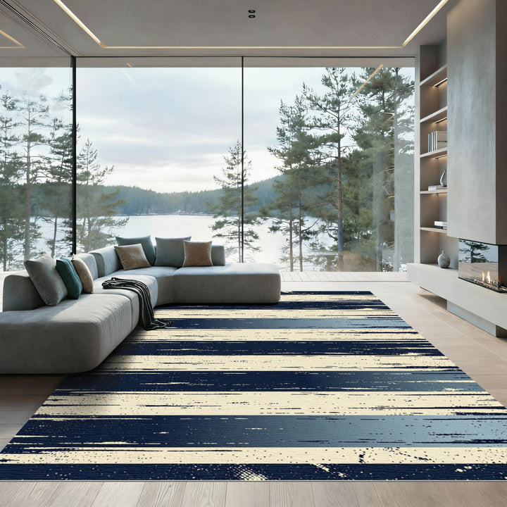 Abstract Navy Cream Distressed Stripe Rug