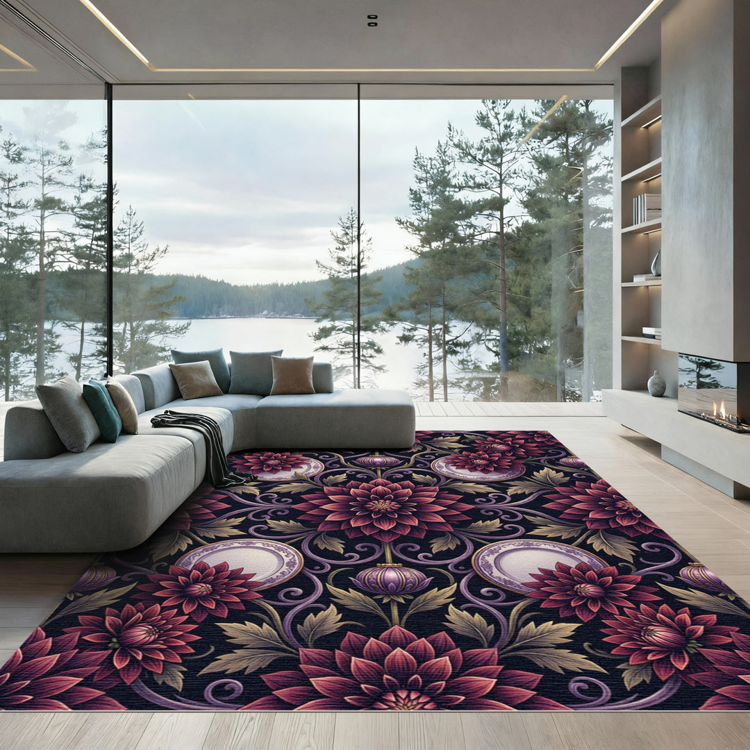 Damask Burgundy Dahlia floral Vine Rug