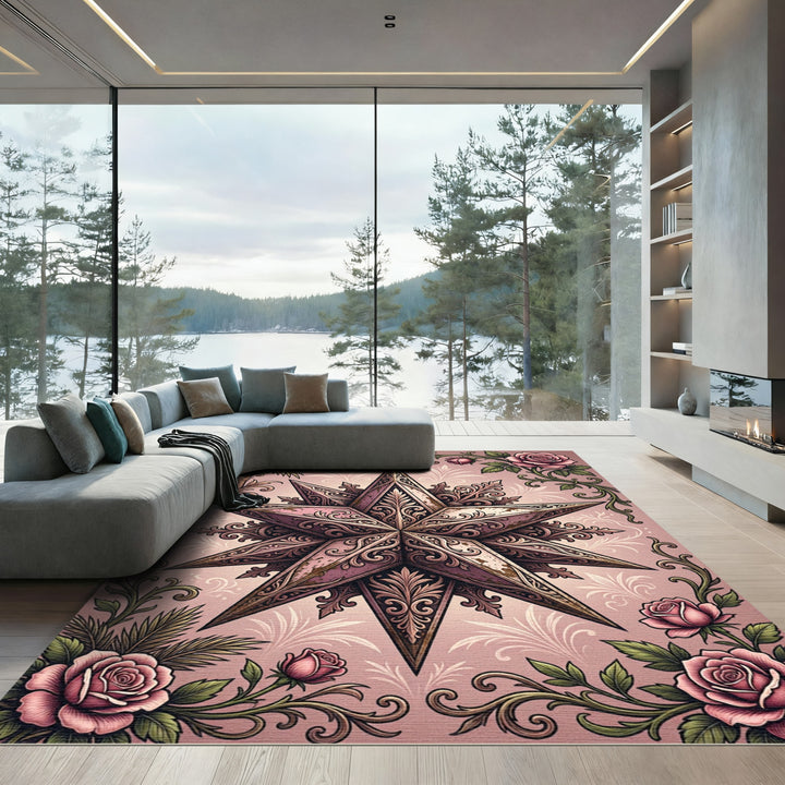 Pink Rose Floral Star Medallion Rug