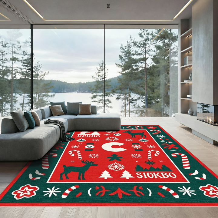 Red Festive Deer Snowflake Candy Cane Rug