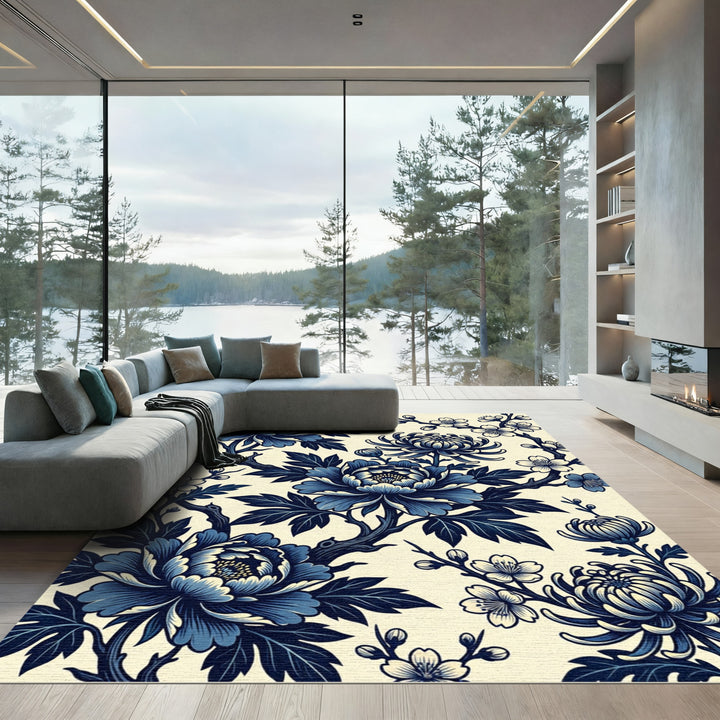 Deep Blue Floral Branch Arrangement Rug