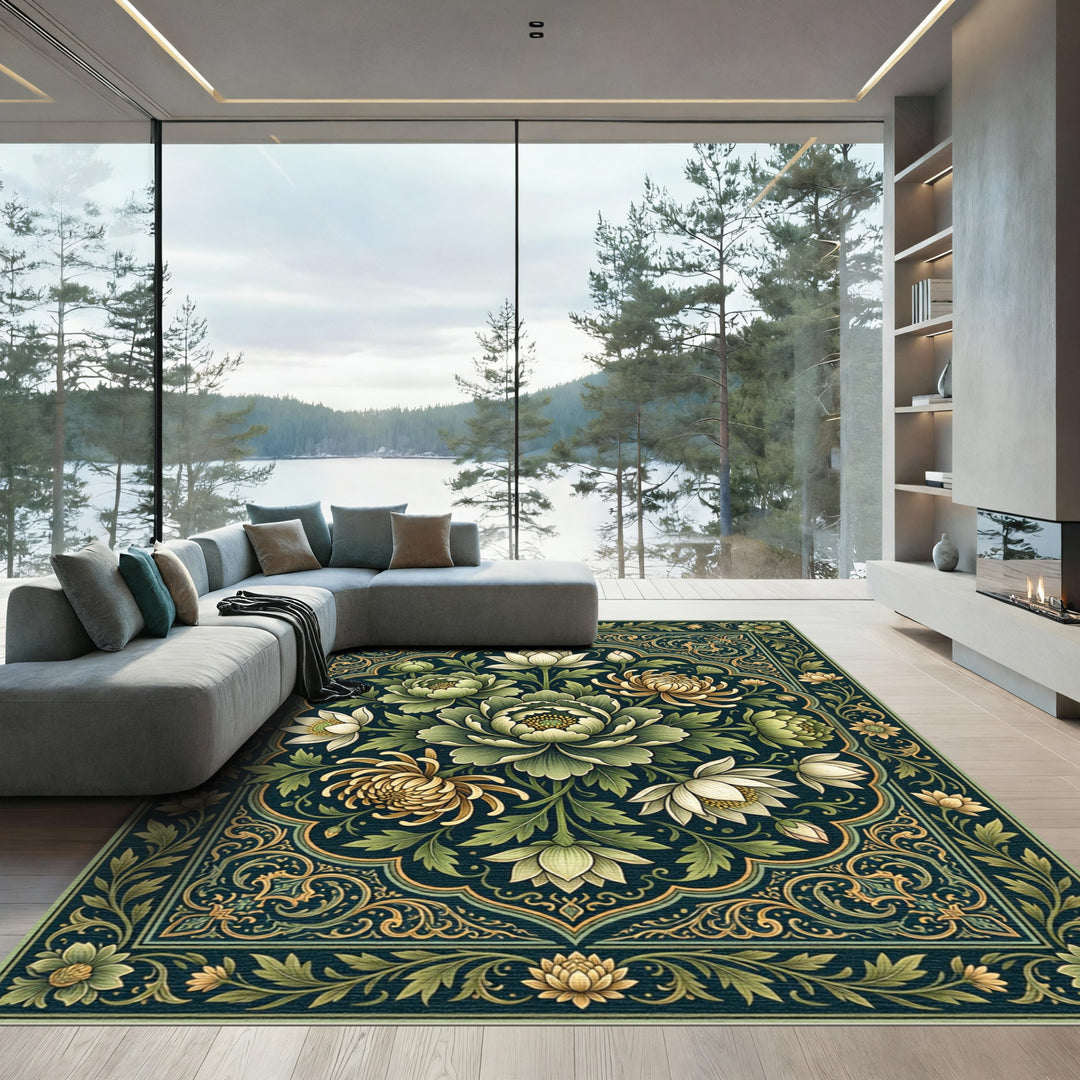 Elegant Green Lotus Chrysanthemum Botanical Rug