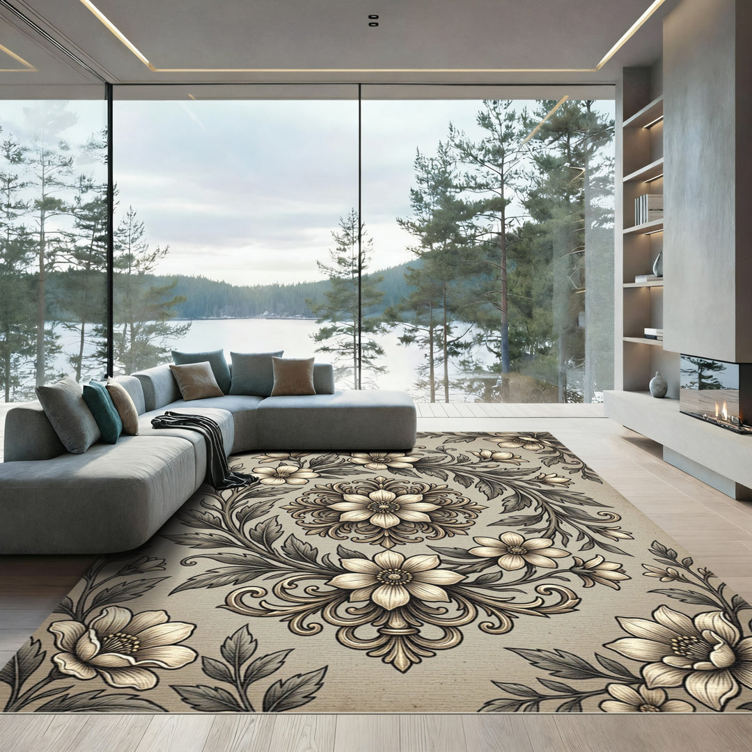Vintage Beige Floral Scrollwork Rug