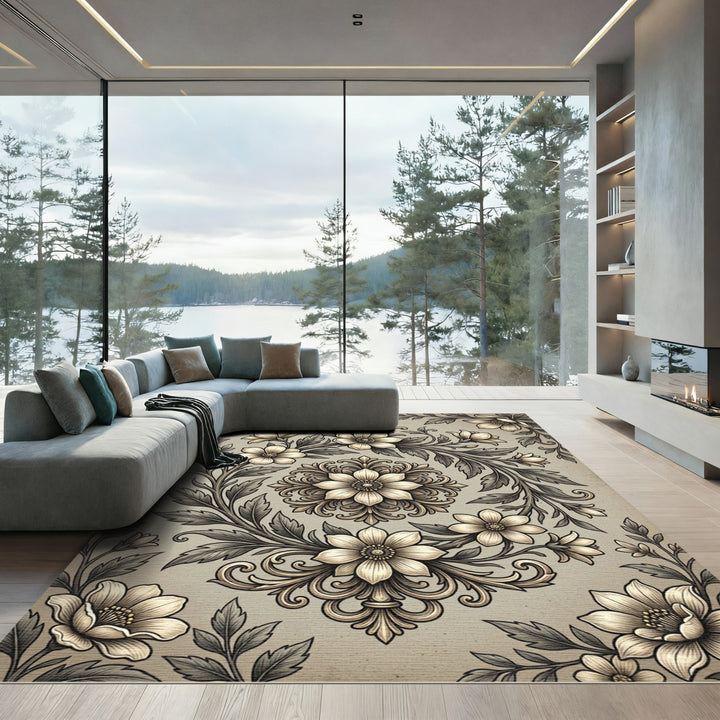 Vintage Beige Floral Scrollwork Rug