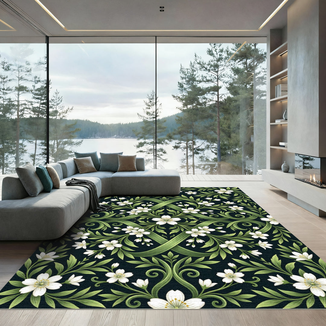 White Blossom Green Vine Symmetry Rug