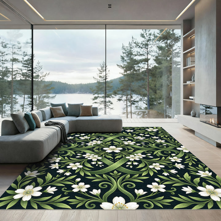 White Blossom Green Vine Symmetry Rug