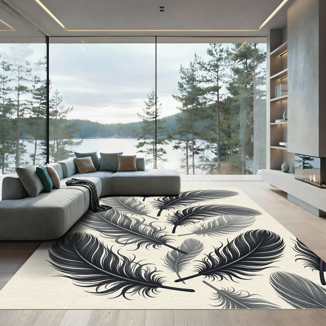 Elegant Black Feather Flock Rug