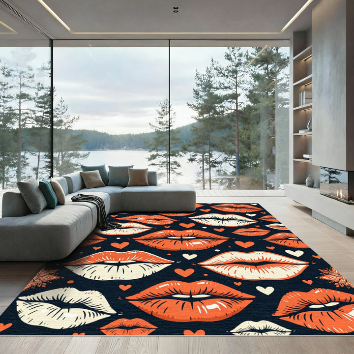 Bold Orange Red Lips Hearts Rug