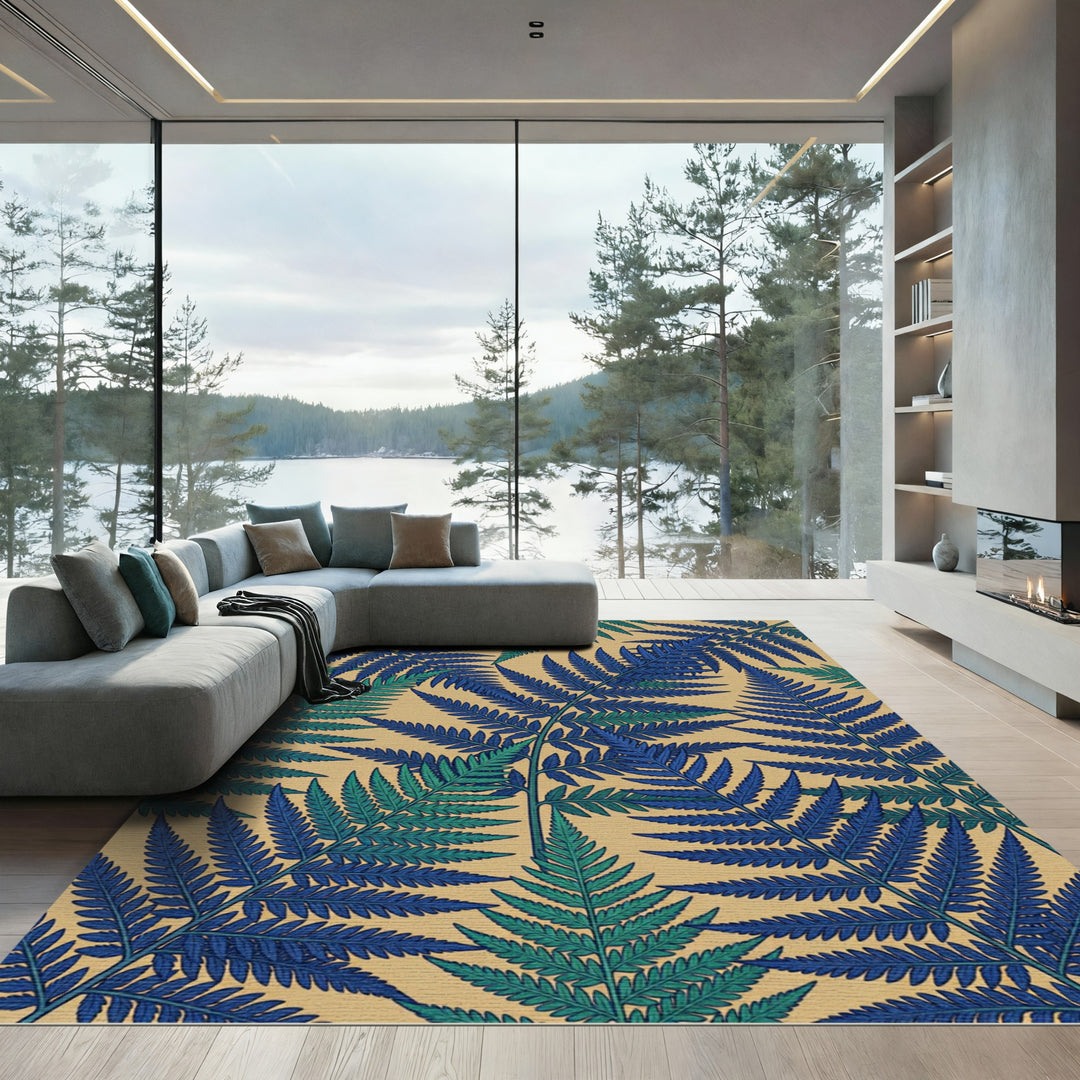 Blue Green Fern Foliage Pattern Rug