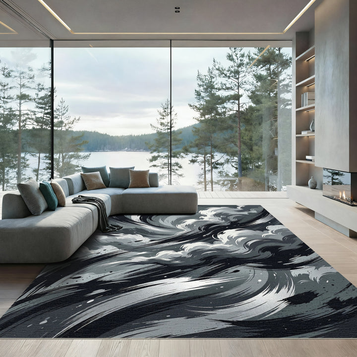 Dramatic Black White Swirl Cloud Rug