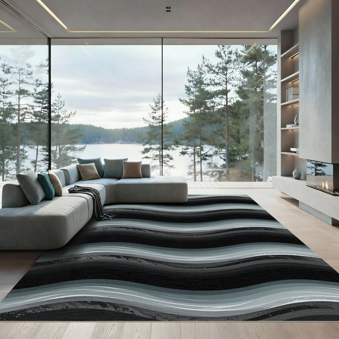 Gray And Black Wavy Abstract Rug