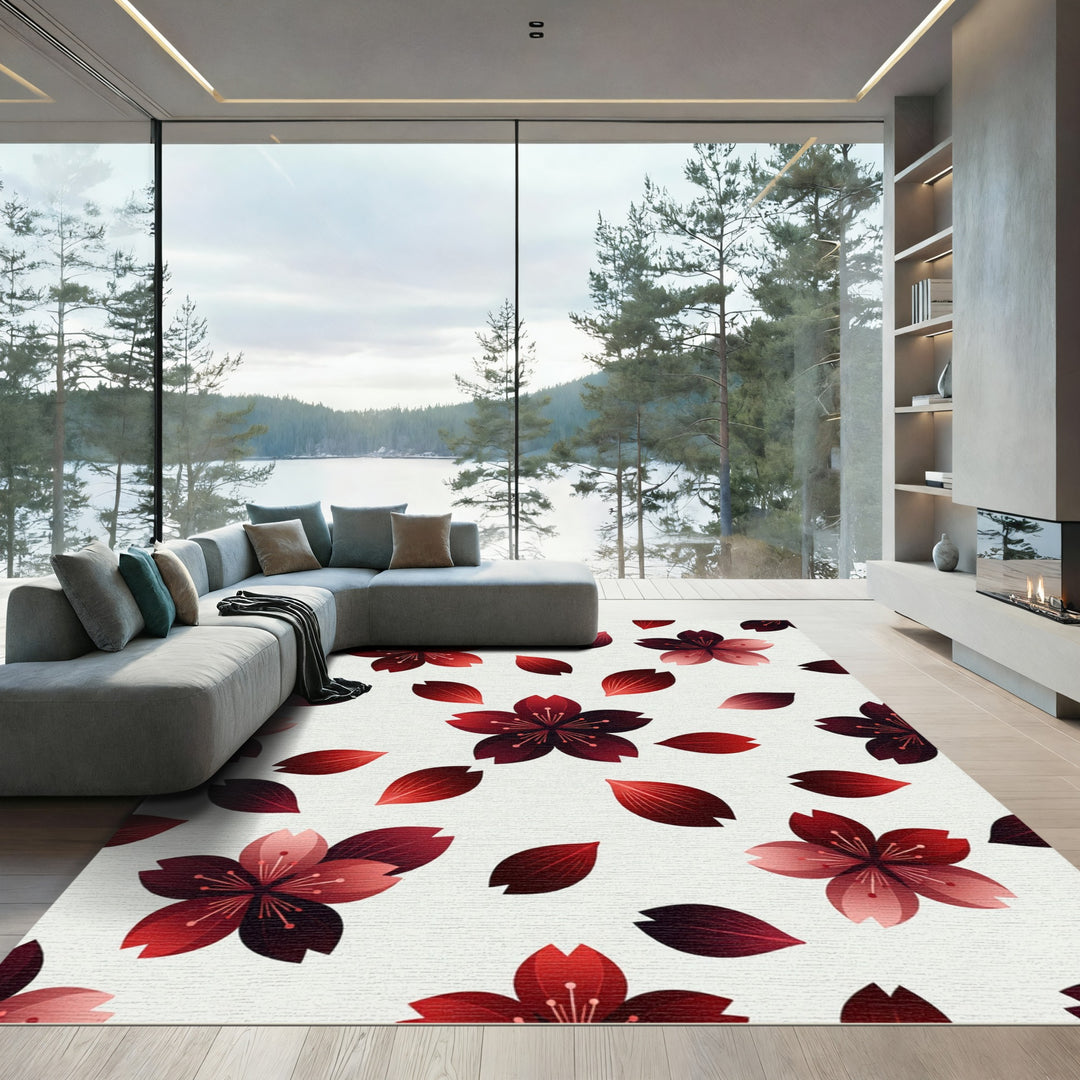 Crimson Cherry Blossom Falling Petals Rug