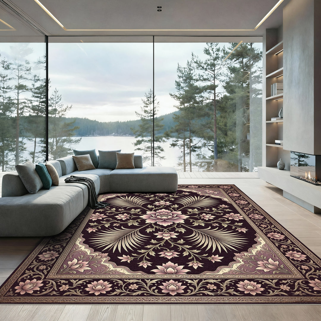 Ornate Plum Lotus Botanical Tapestry Rug