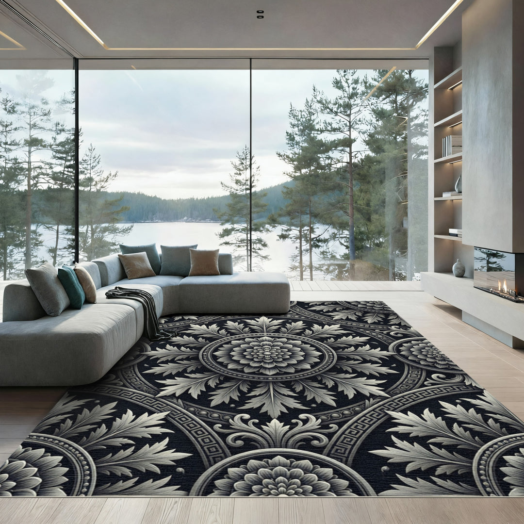 Grayscale Ornate Floral Medallion Rug