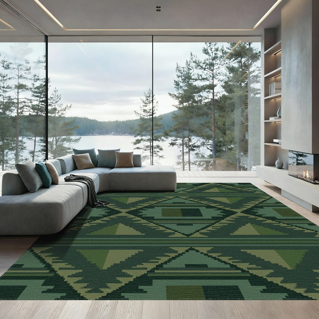 Deep Forest Green Geometric Diamond Rug
