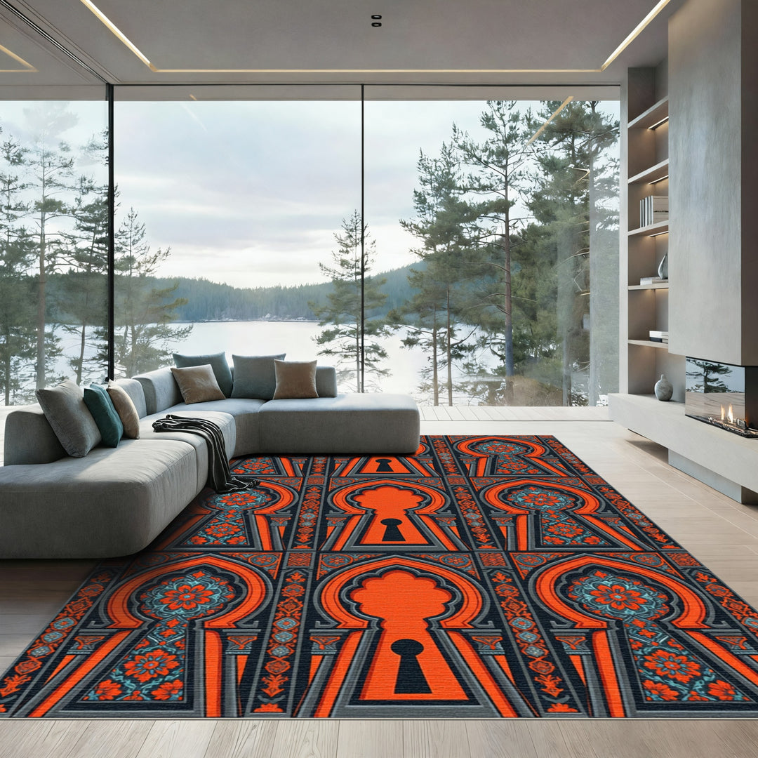 Orange Blue Keyhole Floral Archway Rug