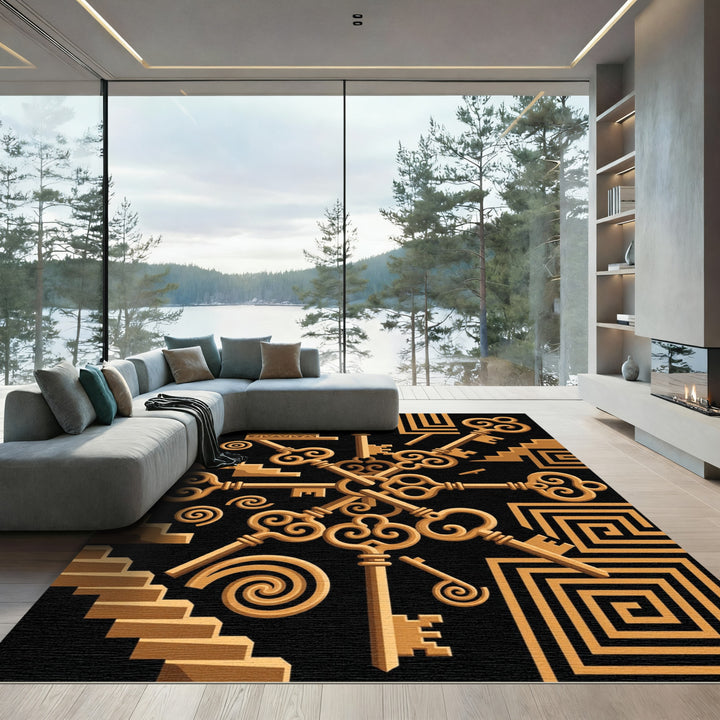 Golden Ornate Keys Staircase Motif Rug