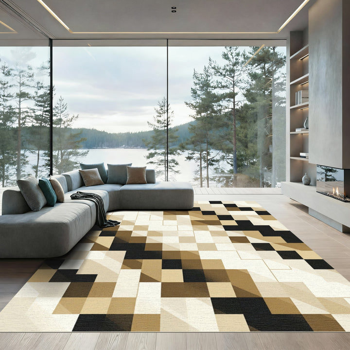Geometric Squares Of Gold And Black Rug