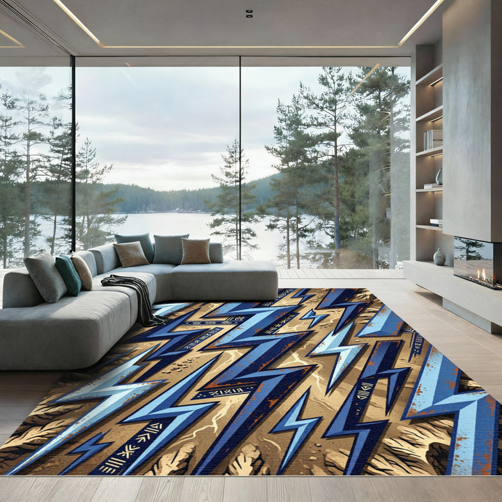 Bold Blue Aztec Lightning Bolt Rug