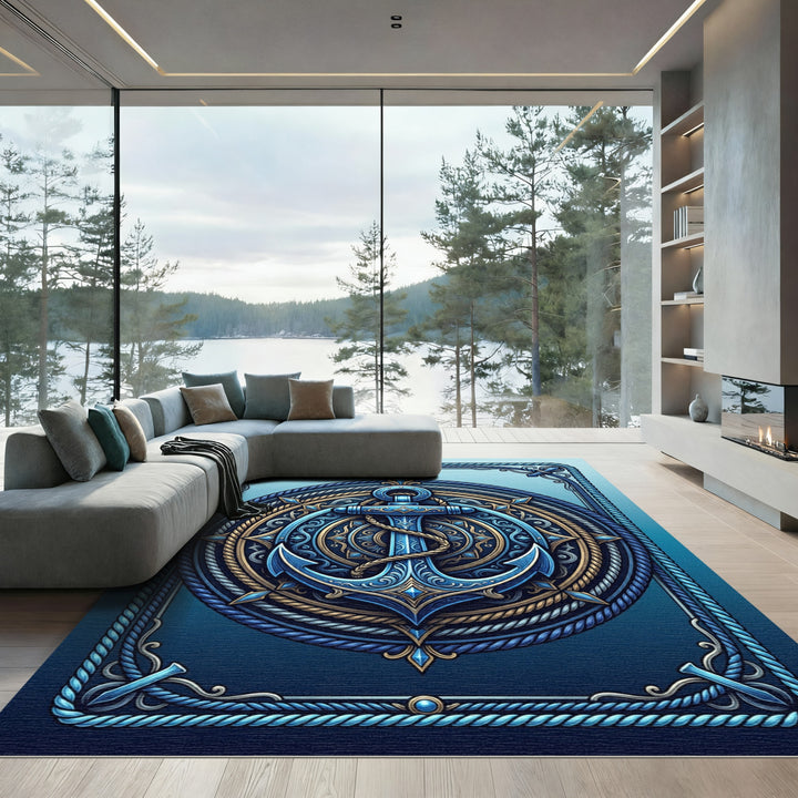 Majestic Blue Golden Anchor Emblem Rug