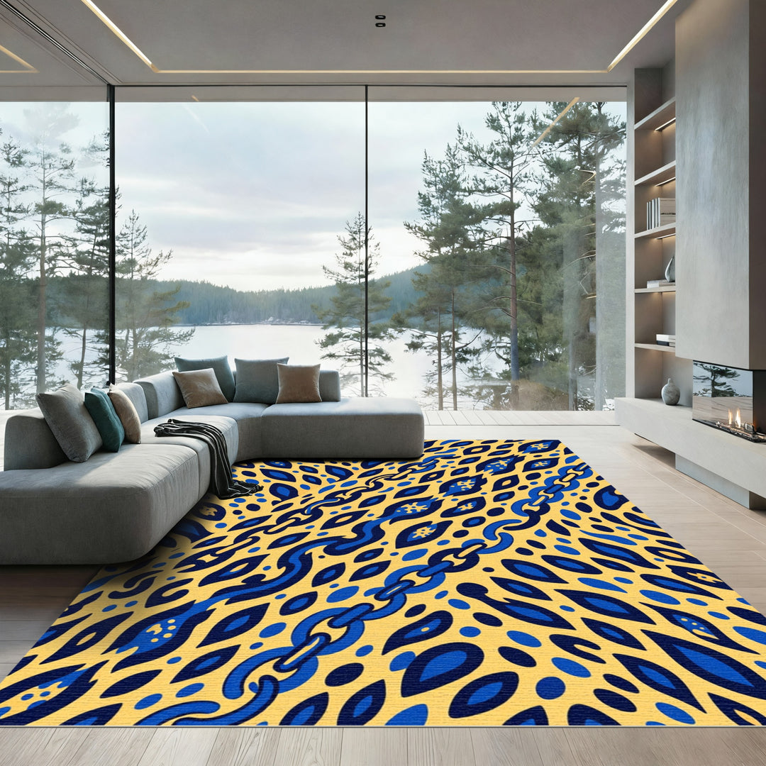 Bold Blue Chain Yellow Abstract Rug