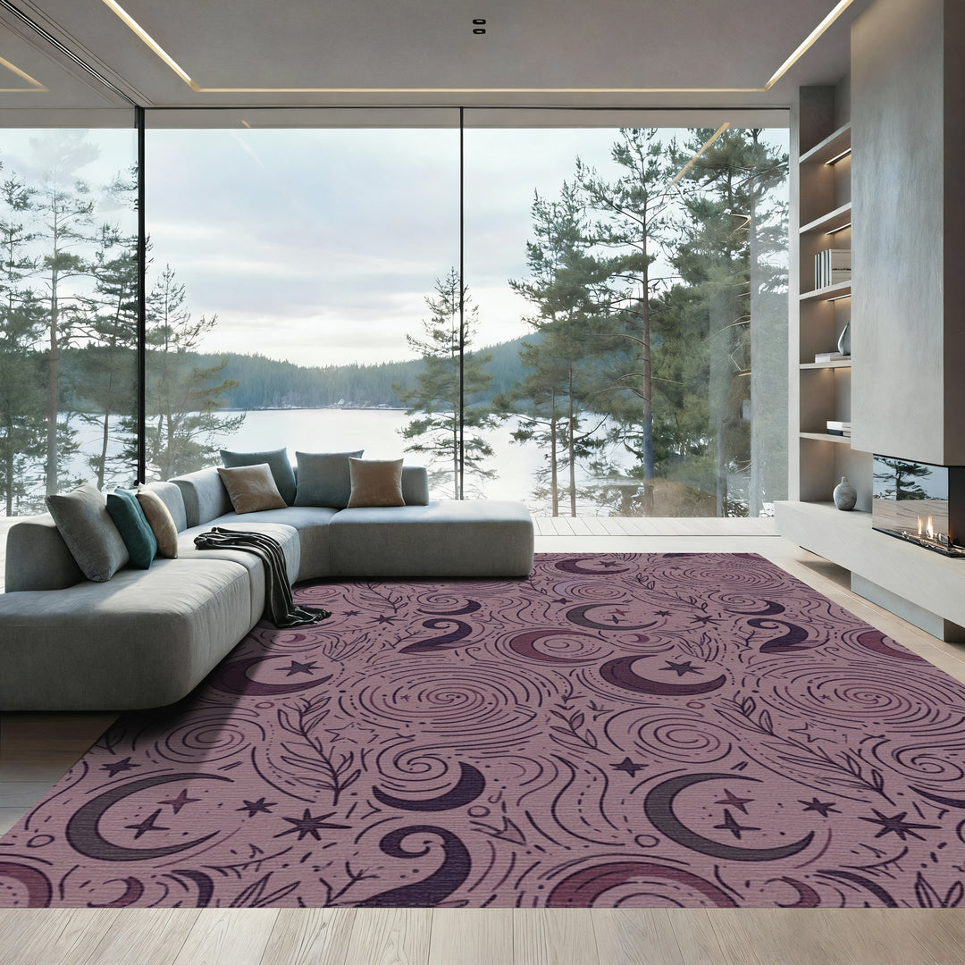 Mystical Crescent Moon Starry Night Swirls Rug