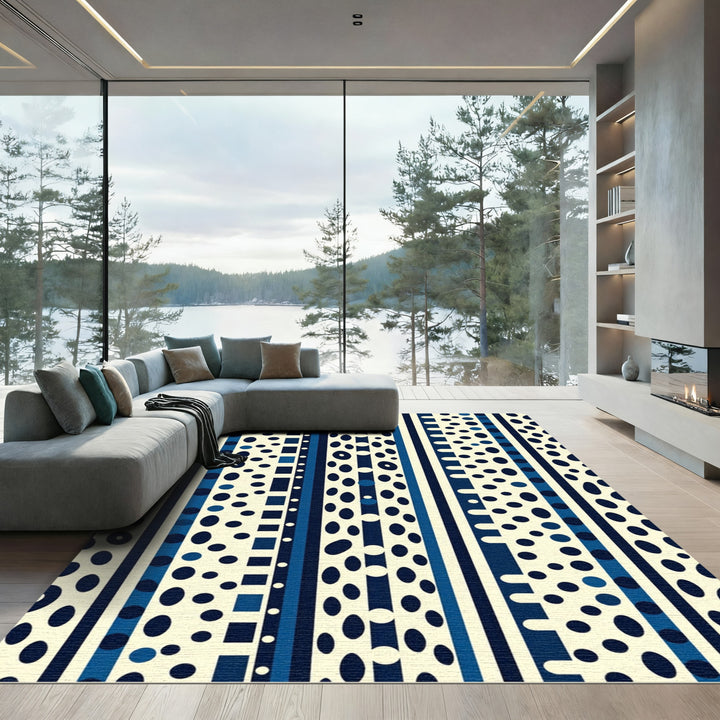 Navy Blue Cream Oval Stripe Rug